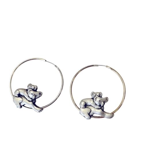 HOOP EARRINGS Gold-tone w/Pewter Colored Mamma & Baby Koala Bears, Approx.1 1/2” - Picture 5 of 7